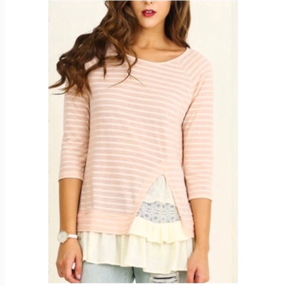Tops - Pink Striped Tunic with Ivory Ruffles & Lace Med